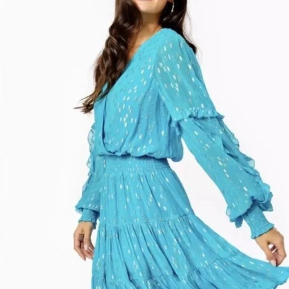 NWT Lilly Pulitzer Women's Turquoise Oasis Metallic Heline‎ Ruffle Dress - Picture 5 of 12